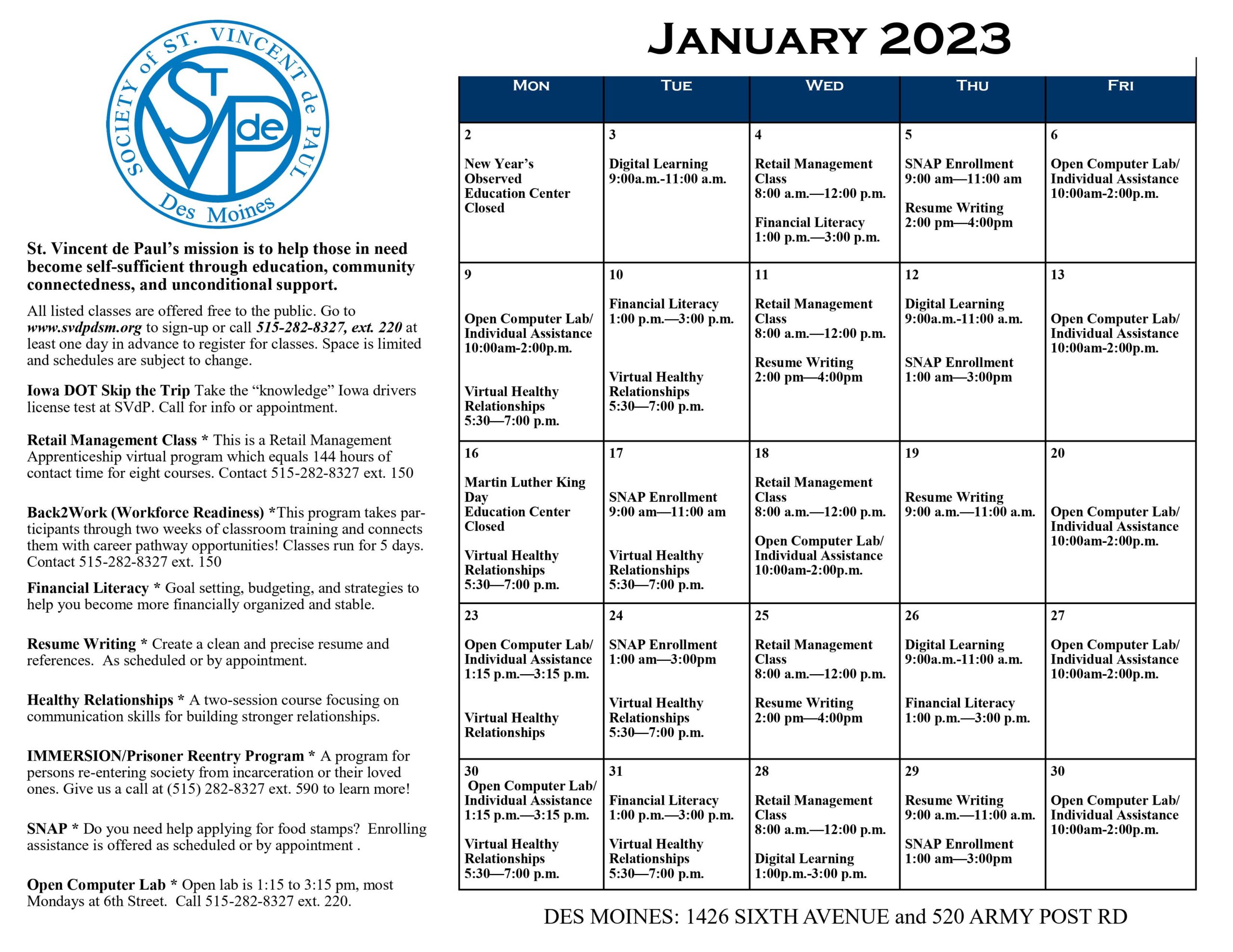 Program Calendar January 2023